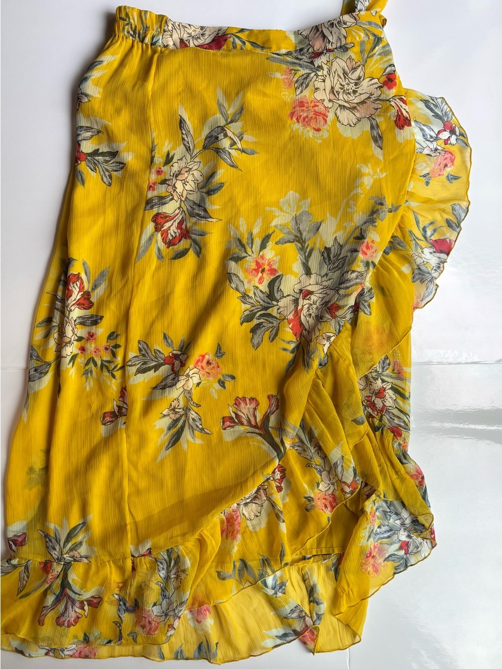 Vero moda yellow mustard floral wrap midi skirt ruffle boho cottagecore summer - Picture 2 of 14